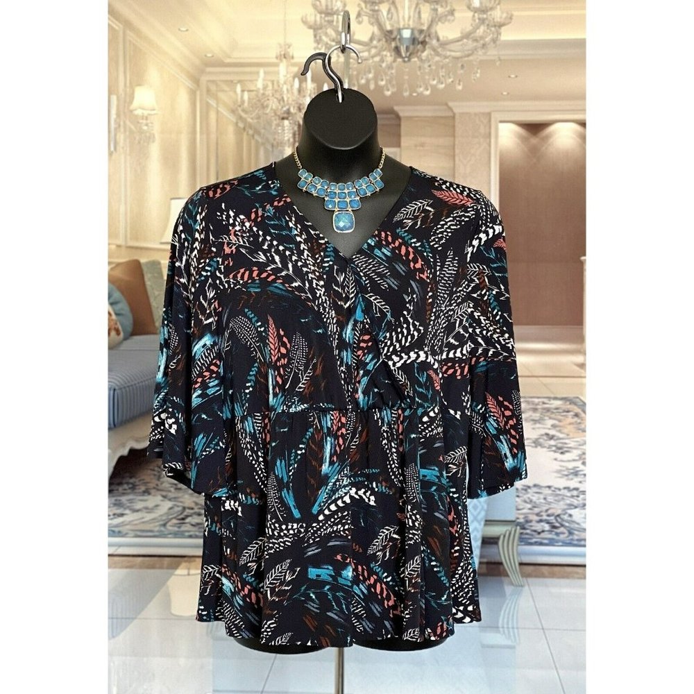 NWT Catherines 0X(14/16W) Navy Blue Faux Wrap Feather Leaf Print Baby Doll Blous